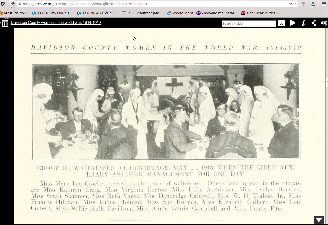 davidson county women in the world war miss mary lee crockett as chairman of the waitresses close up page 146 or there about